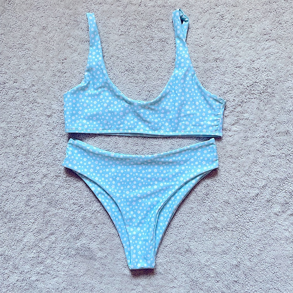 Large Shein White Floral and Light Blue Bikini Set